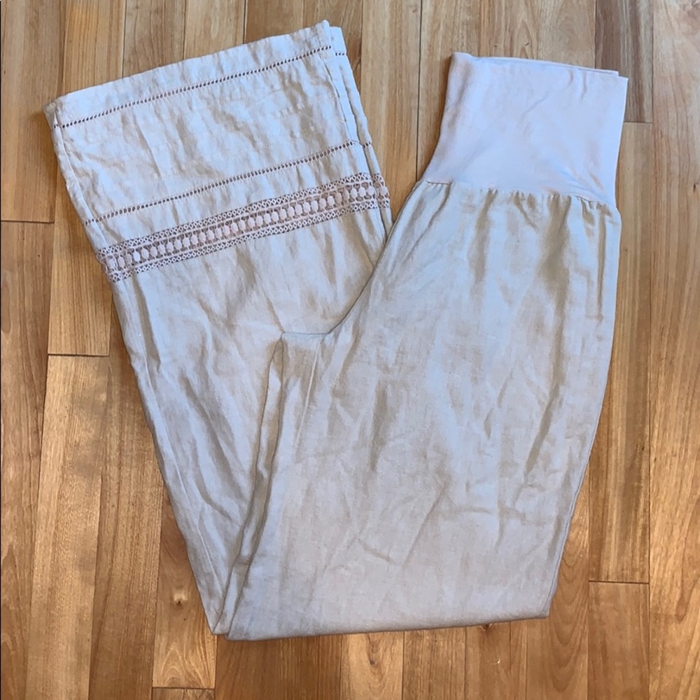 Anthropologie Love Tree linen crochet flare pants